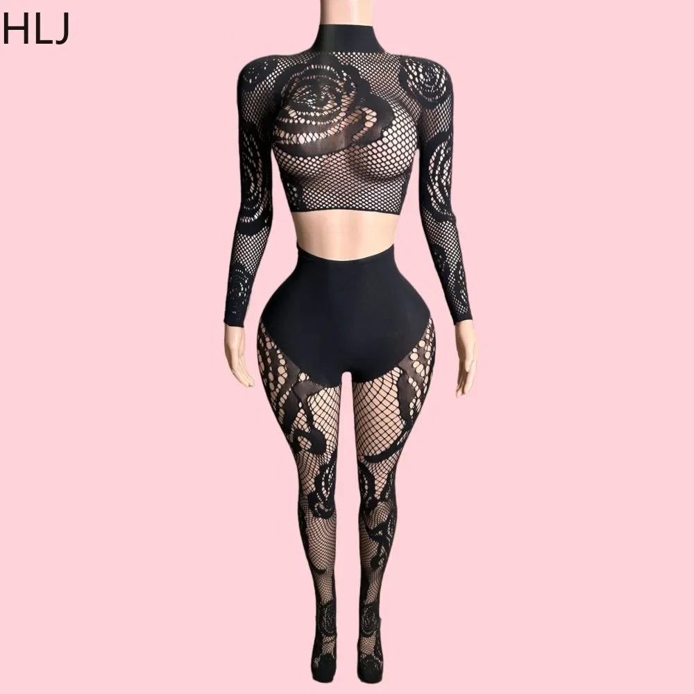 

HLJ Sexy Mesh Hollow Elasticity Two Piece Sets For Women Long Sleeve Crop Top And Legging Pants Outfit Lady Sheer Nightclub Wear