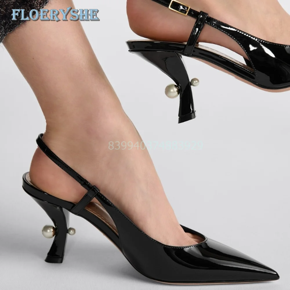 Pearl Heel Rome Sandals Elegant Slingback Black Commiting Low Heel Shoes For Women 2024  Luxury Fashion Pointed Toe Shallow