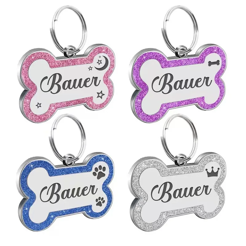 Custom Double Side Dog Cat ID Tag Glitter Dogs Cats Name Pendant Tags Pet Collar Accessories Anti-lost Bone Tags for Dog Cat