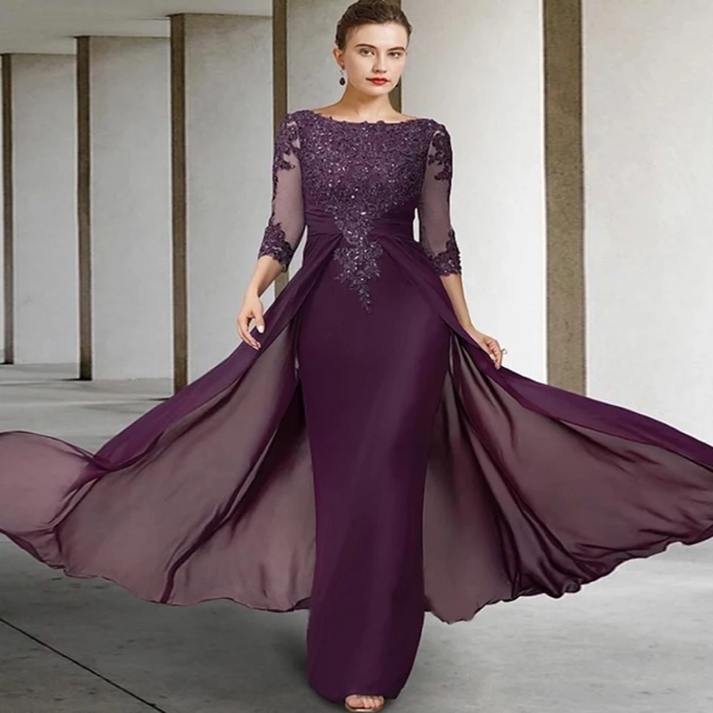 

Ohmmayby Purple Chiffon Mother Of Bride Dresses 3/4 Sleeves Sequined Applique Women Dress Boat Neck 2022 Mère Formelle Robes