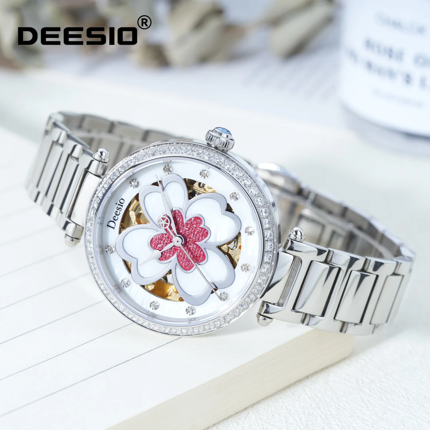 Deesio Women's Automatic Mechanical Watch Stainless Steel Hollow Dial Luxury Fashion Elegant Watch 50M Waterproof Gift for Her