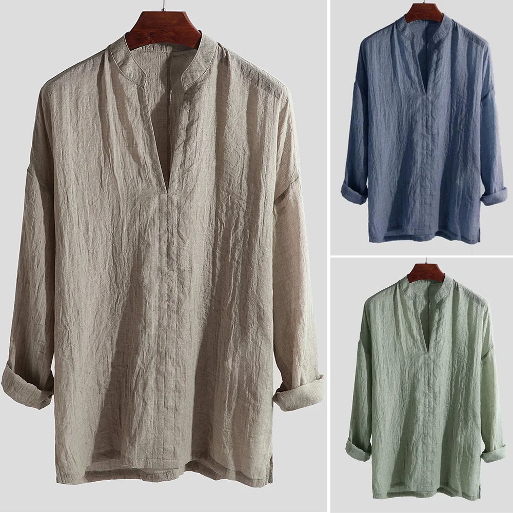 Mens Chinese Style Solid Loose V-Neck Long Sleeve Pullover Tops Hombre Breathable Comfy Casual Shirt Top Cotton Linen