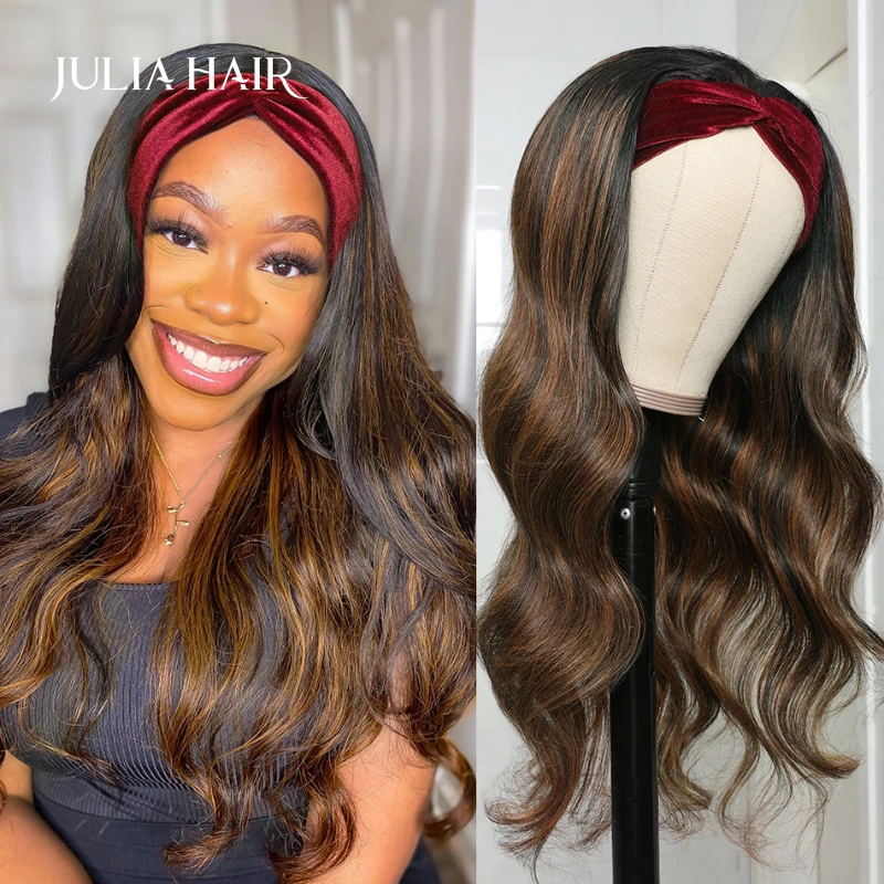 

Julia Hair Headband Wig Human Hair Glueless Body Wave Wig Chocolate Brown Balayage Highlight Human Hair Wigs Beginner Friendly