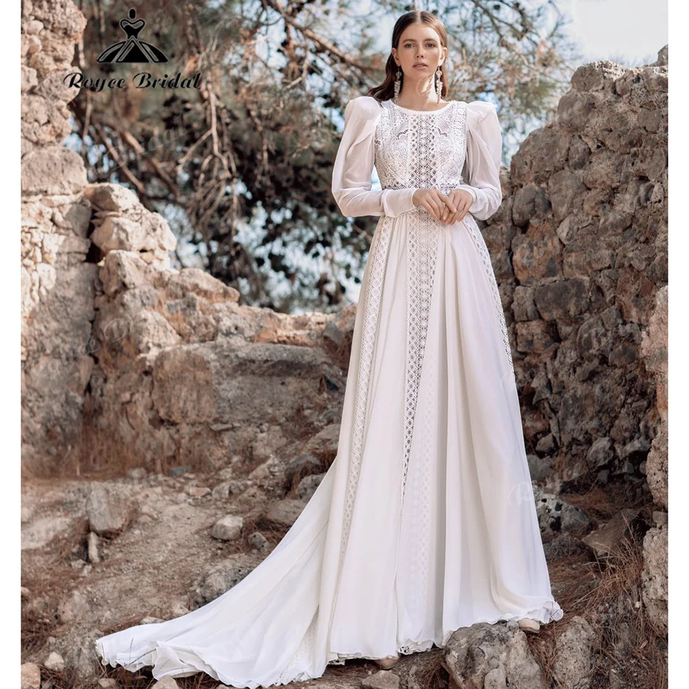 Round Neck Circular Eyelet Crochet Lace Wedding Dress Puff Long Chiffon Sleeves Vertical Lace Panel Flowy Bridal Gown Customized
