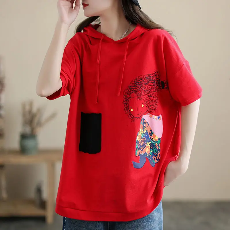 Sudadera con capucha holgada y estampado de dibujos animados para mujer, Tops informales que combinan con todo, colores contrastantes, bolsillos,