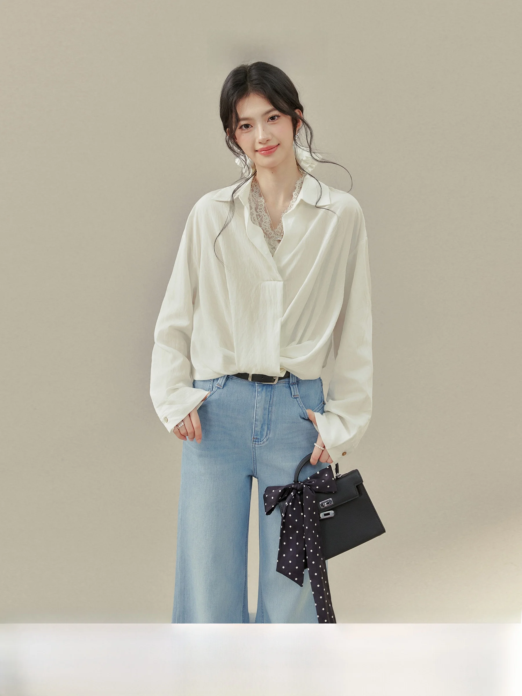 

White Long Sleeve Women's Shirt Casual Style Design Spring 2026 New Arrival Elegant Top by Younghao Xuyan