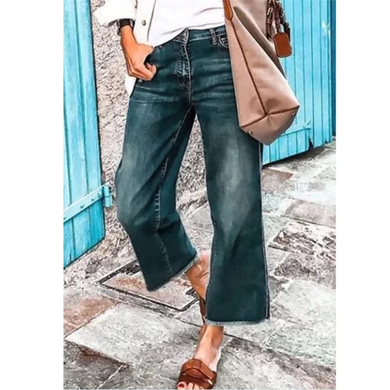 2023 Autumn Female Flare Jeans School Girls Frayed Hem Cropped Denim Pants Plus Size Ankle-length Woman Vintage Trousers Loose