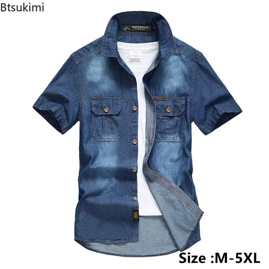 2025 Herren Sommer Kurzarm Denim Shirts Doppeltasche Feste Beiläufige Cowboy Jeans Shirts Männer Designer Blaue Bluse Shirts M-5XL