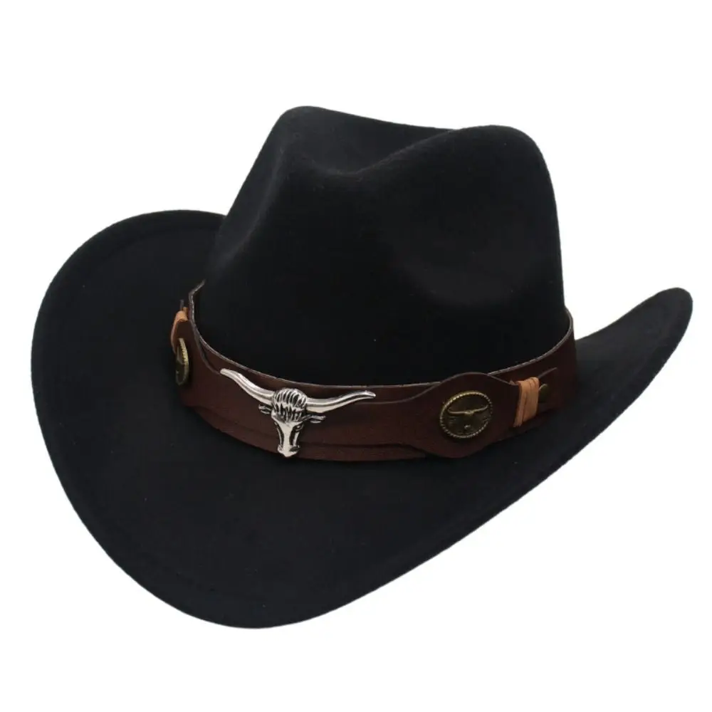 

Punk Woolen Western Cowboy Hat Solid Color Wide Brim Cowgirl Jazz Hat Big-edge Party Cosplay Hat Outdoor Visor Caps