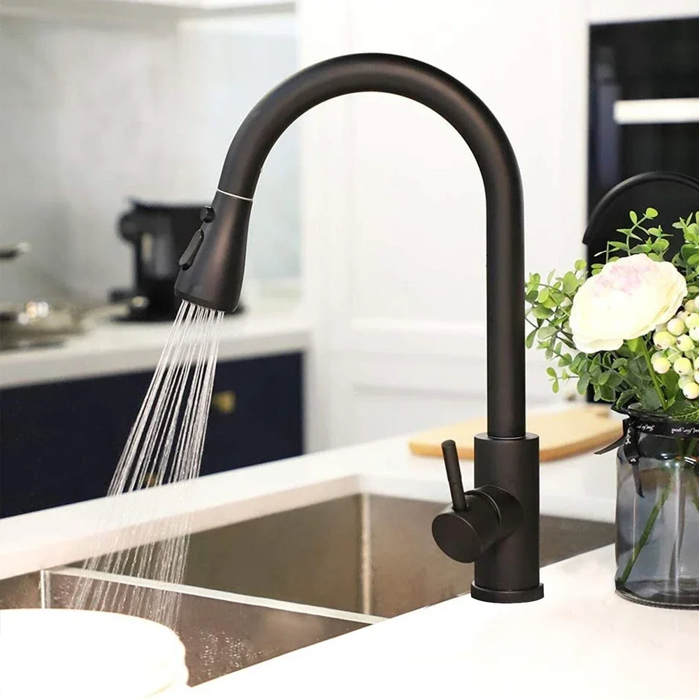 Black Pull Out Kitchen Sink Faucet Deck Mounted Stream Sprayer Kitchen Mixer Tap Bathroom Kitchen Hot Cold Tap Faucet Robot arm