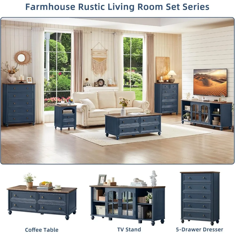 48 Farmhouse Coffee Table with Hidden Storage,Wooden Coffee Tables with 4 Drawers & Roman Column Handle,Rectangular Rustic Cente