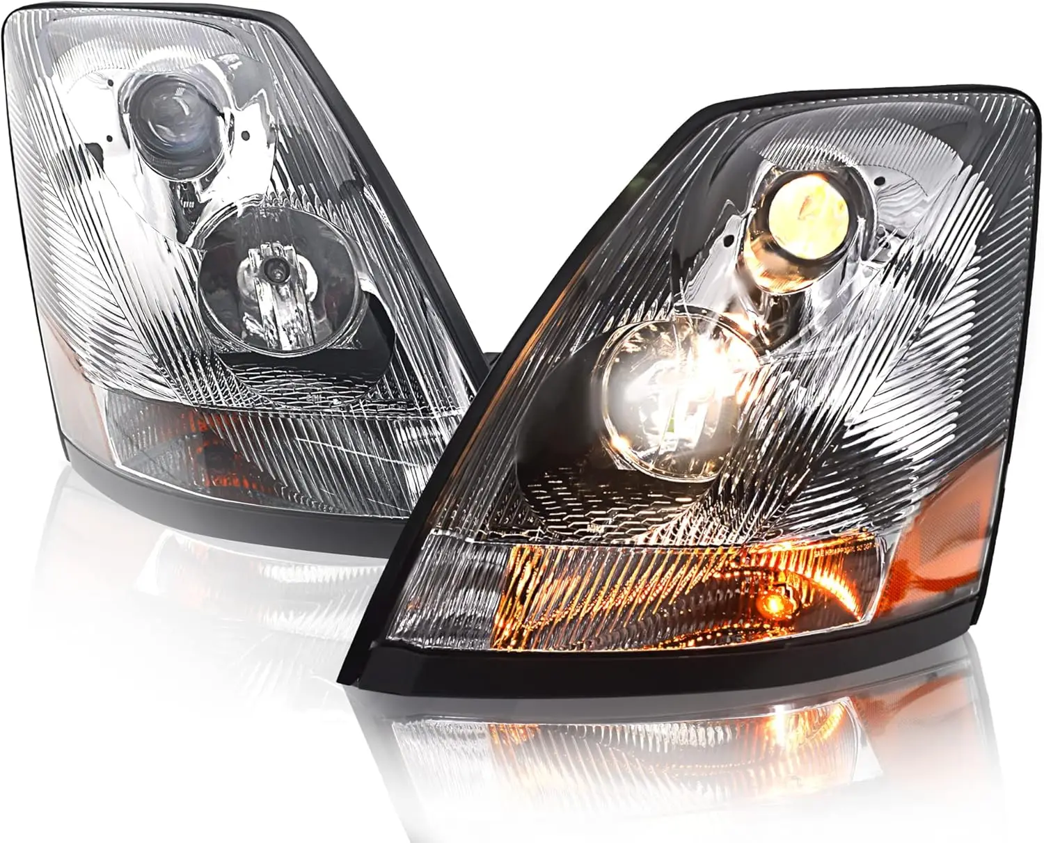 Chrome Headlight Pair Assembly with All Bulbs, DOT SAE Approved, for 2004-2017 VNL Semi Trucks - Driver Left and Passenger Right