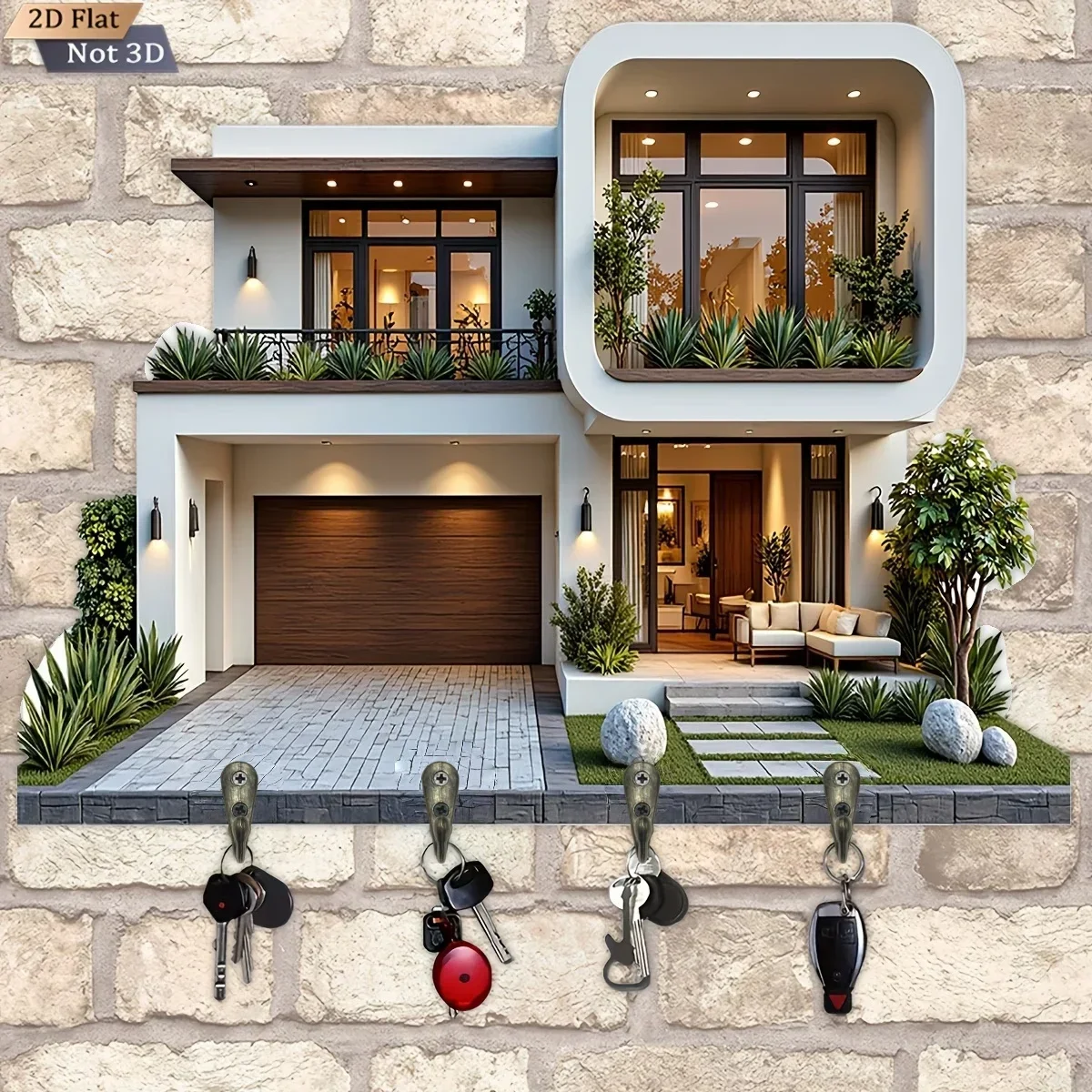 2D， Simple household wooden multifunctional key hook with four metal hooks, suitable for home, porch, room, seasonal decoration