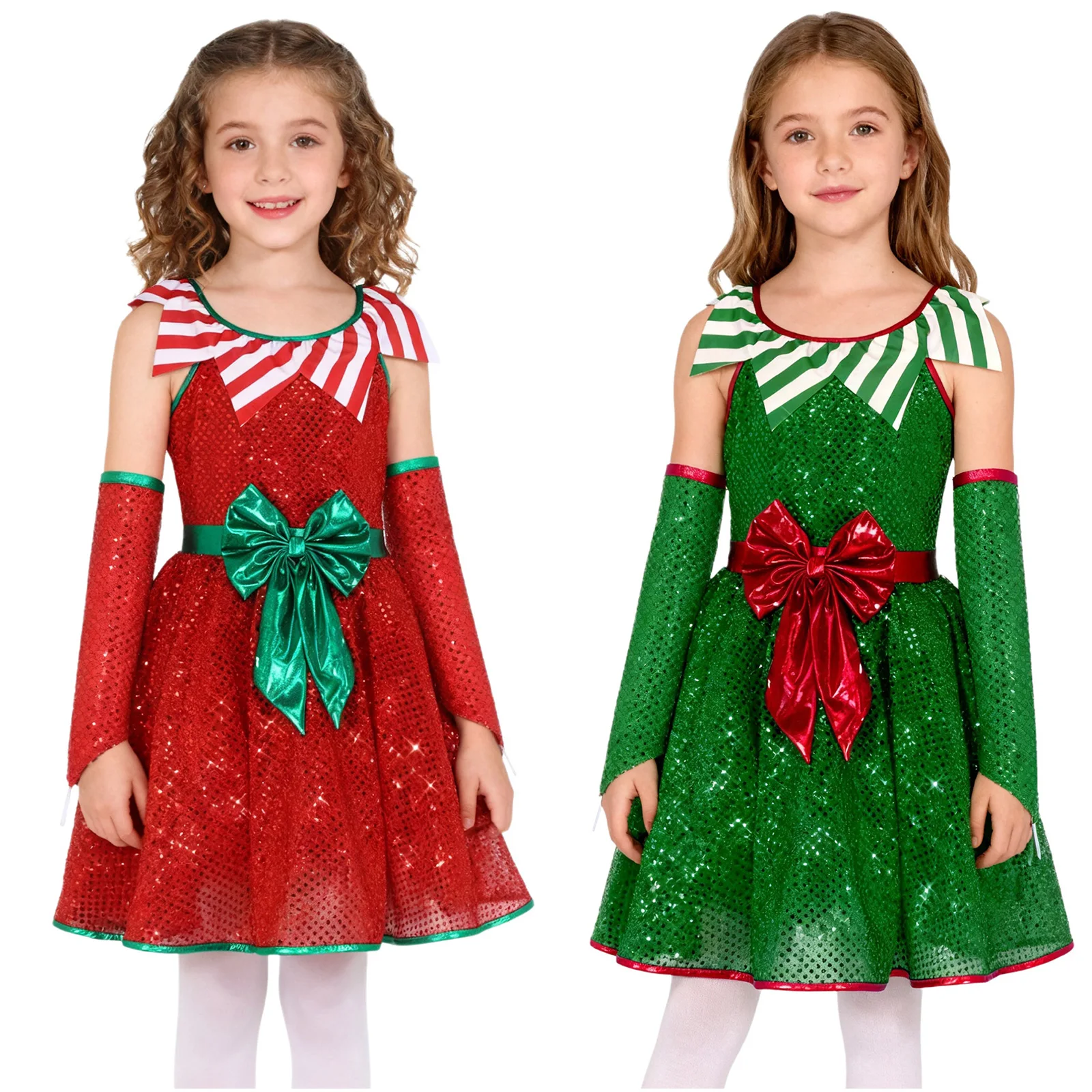 

Girls Christmas Candy Canes Tutu Costume Skating Outfit Sparkly Sequins Sleeveless Stripe Jagged Leotards Dress with Oversleeves