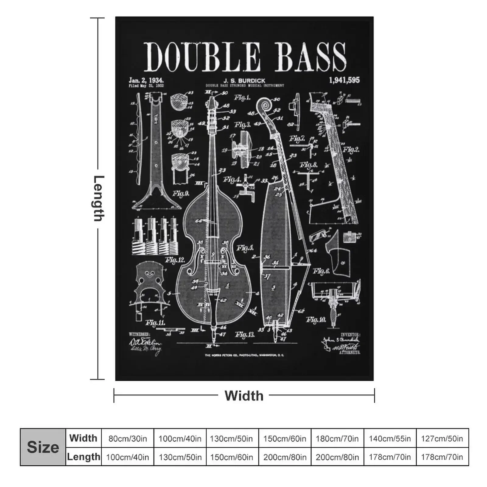 Double Bass Player Bassist Musical Instrument Vintage Patent Throw Blanket couch cozy soft plush fuzzy picnic outdoor blanket