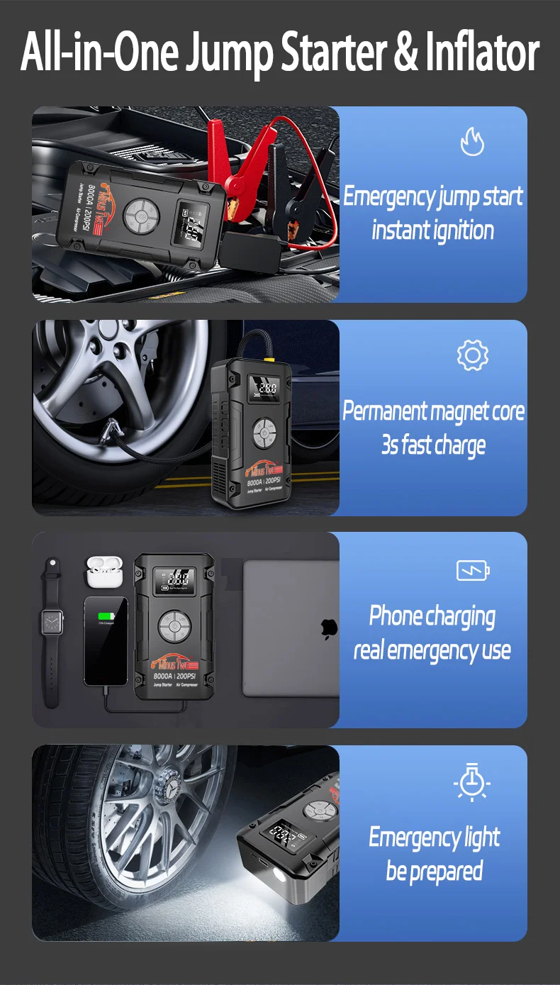 Professional Car Jumpstarter Multifunction 12v Battery Booster Super Compressor Power Bank Jump Starter Air Pump