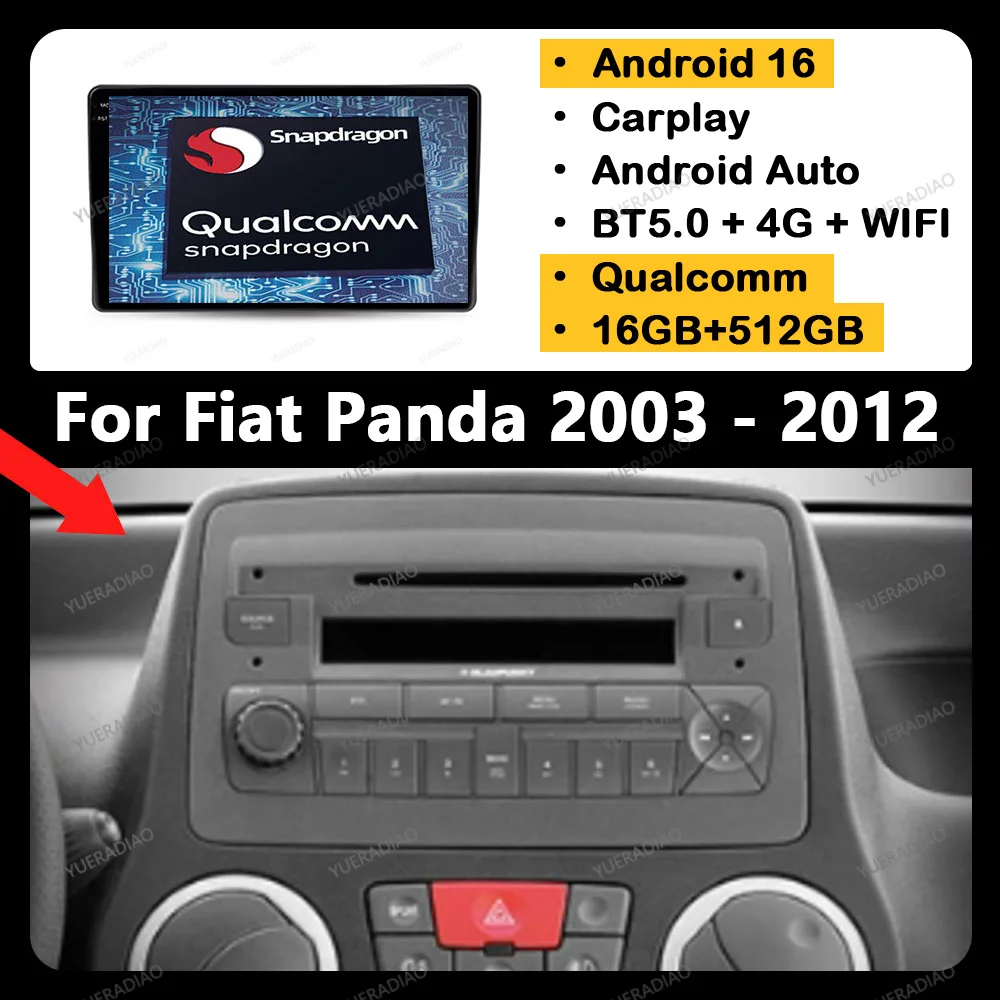 Android 16 Autoradio für Fiat Panda 169 2003 2004 2005 - 2012 Qualcomm Multimedia Stereo Videoplayer 2DIN 4G WIFI QLED BT NAVI