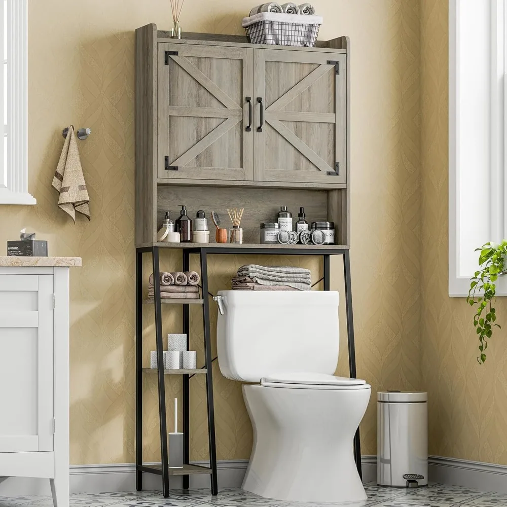 

Over The Toilet Storage Cabinet, Farmhouse Storage Cabinet Over Toilet with 2 Barn Door & Toilet Paper Holder Stand，Home Space-S