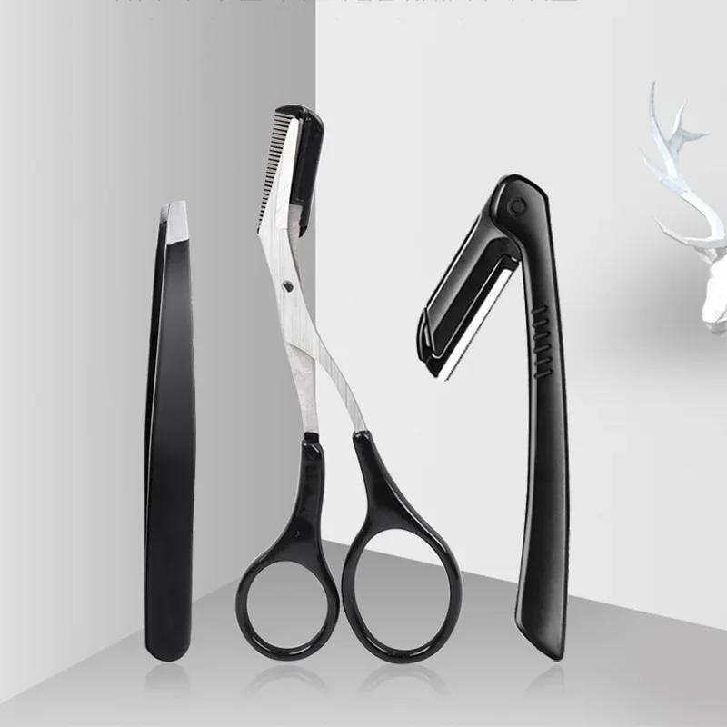 3pcs Foldable Stainless Steel Eyebrow Trimmer Kit Eyebrow Scissors Comb Eye Brow Shaper Face Razor Hair Remover Makeup Tools