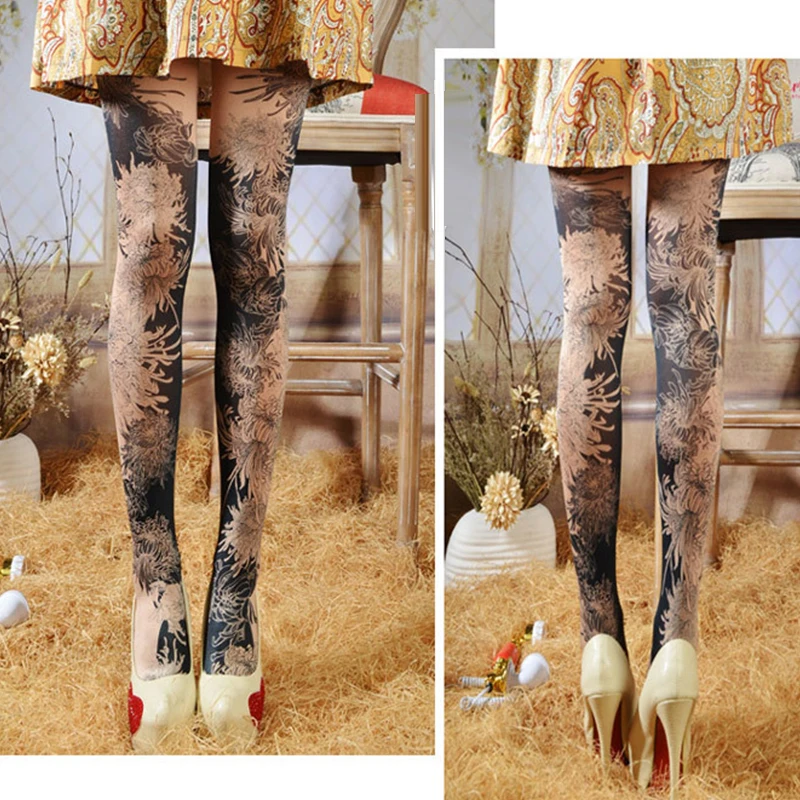 Women Pantyhose Floral Printed Tattoo Tights Spring Autumn Gradient Socks Japanese Gothic Dark Lolita Stockings Skinny Pants