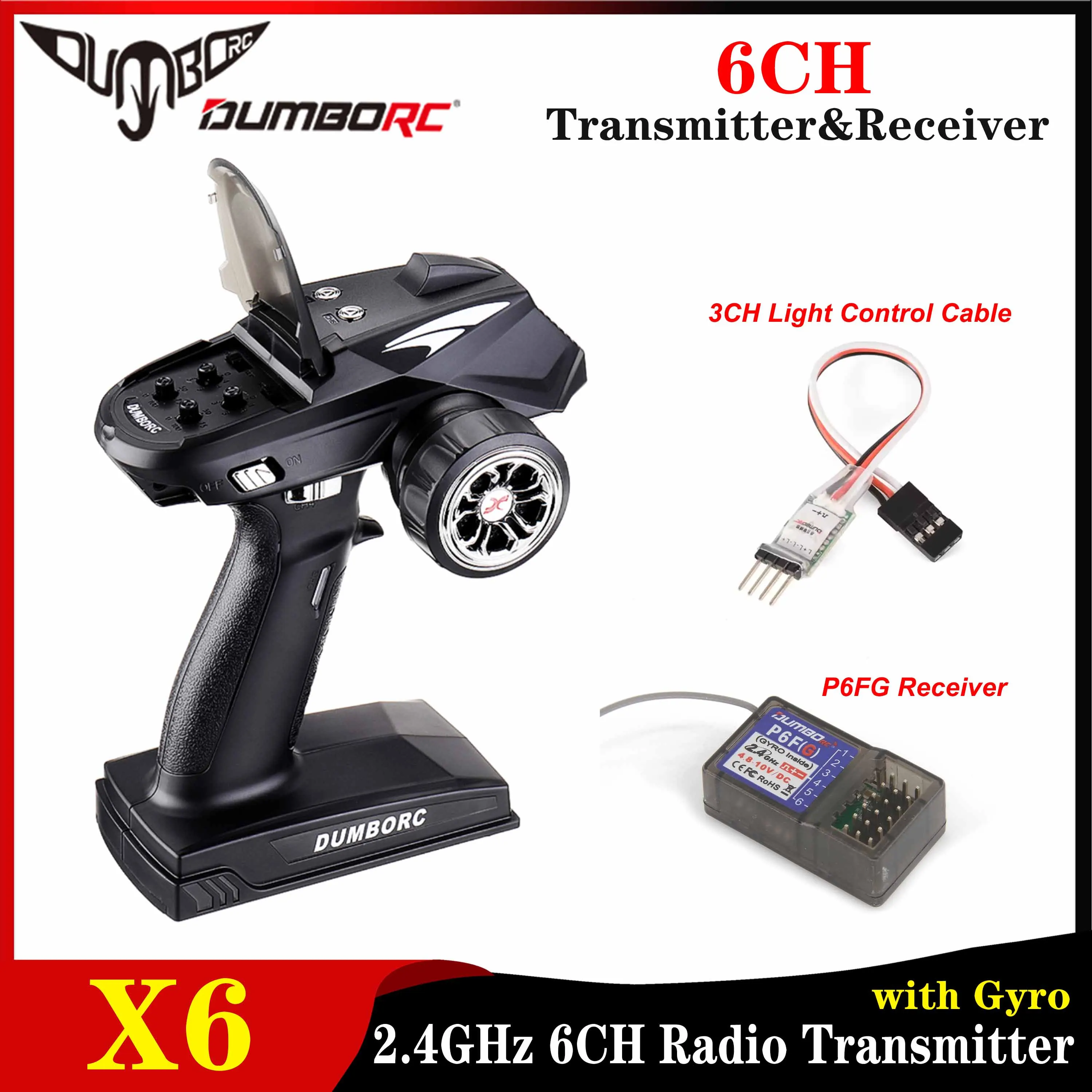

DUMBORC X6 2.4G 6CH Transmitter P6FG Receiver Built-in Gyro with 3CH Light Control Cable for RC Car Hyper Go 16207 16208 14210