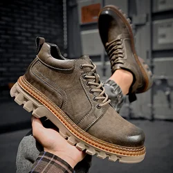 British Style Platform Work Shoes Men Boots Leather Men Autumn Winter High-top Casual Fashion Platform plush warm Boots Man