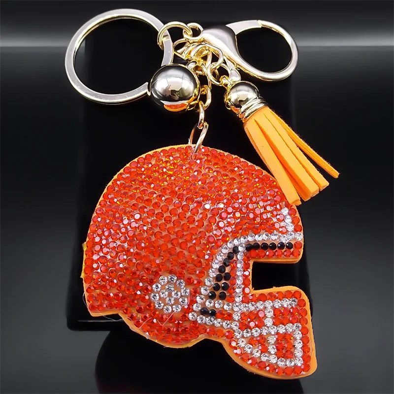 Football Helmet Keychain for Men Blue Tassels Gold Color Rugby Enthusiast Crystal Keyring Bag Accessories Jewelry Gift KZZZ249