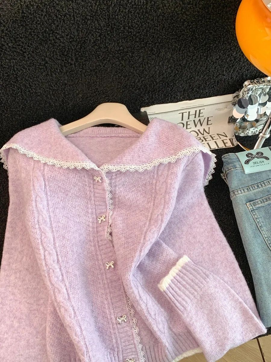Thiened maglione cardigan aperto con colletto viola lavorato a maglia da donna autunno inverno Faion Lazy Sle Girls caldo lungo Sve Top