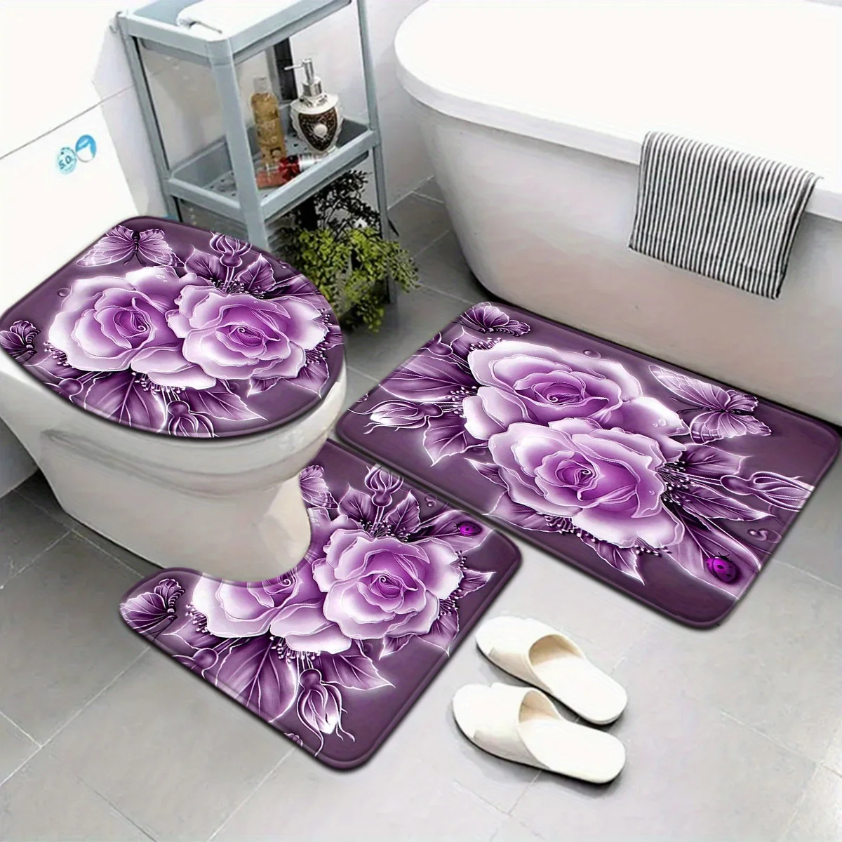3pcs Floral Bath Mat Set - Purple Flower Toilet Seat Cover & U-Shaped Rug, Soft Non-Slip Bathroom Decor