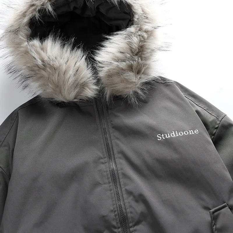 เย็บปักถักร้อย Cargo เสื้อแจ็คเก็ตบุรุษ Hooded Streetwear Retro หลวมแขนยาวฤดูหนาวหนาเสื้อแจ็คเก็ตผู้ชาย