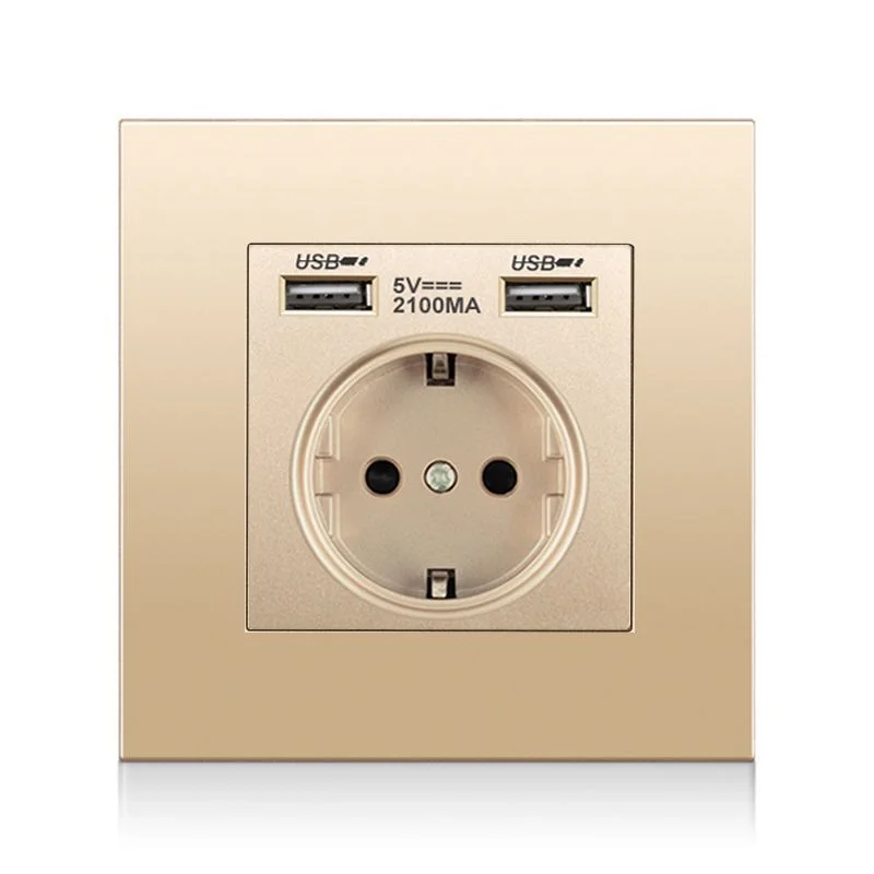 Eu Standard Golden USB Wall Socket, Dual USB 2.1a Mobile Phone Charging Socket, Russia Spain High Power Outlet AC110V -250V