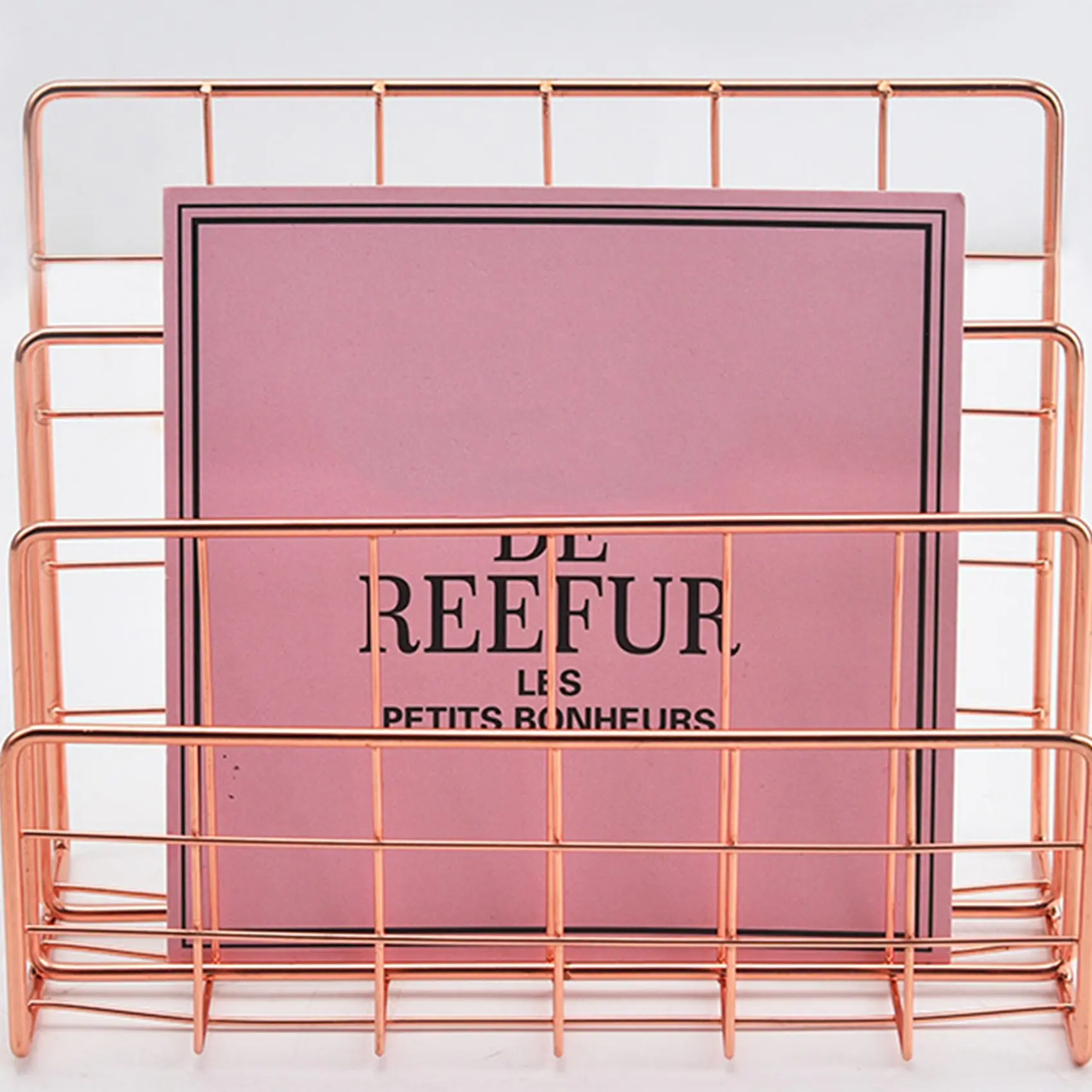 Stylish-2X Bookshelf Office Desktop Rose Gold Metal Book Block Three Layer Desktop Magazine Shelf Book Holder