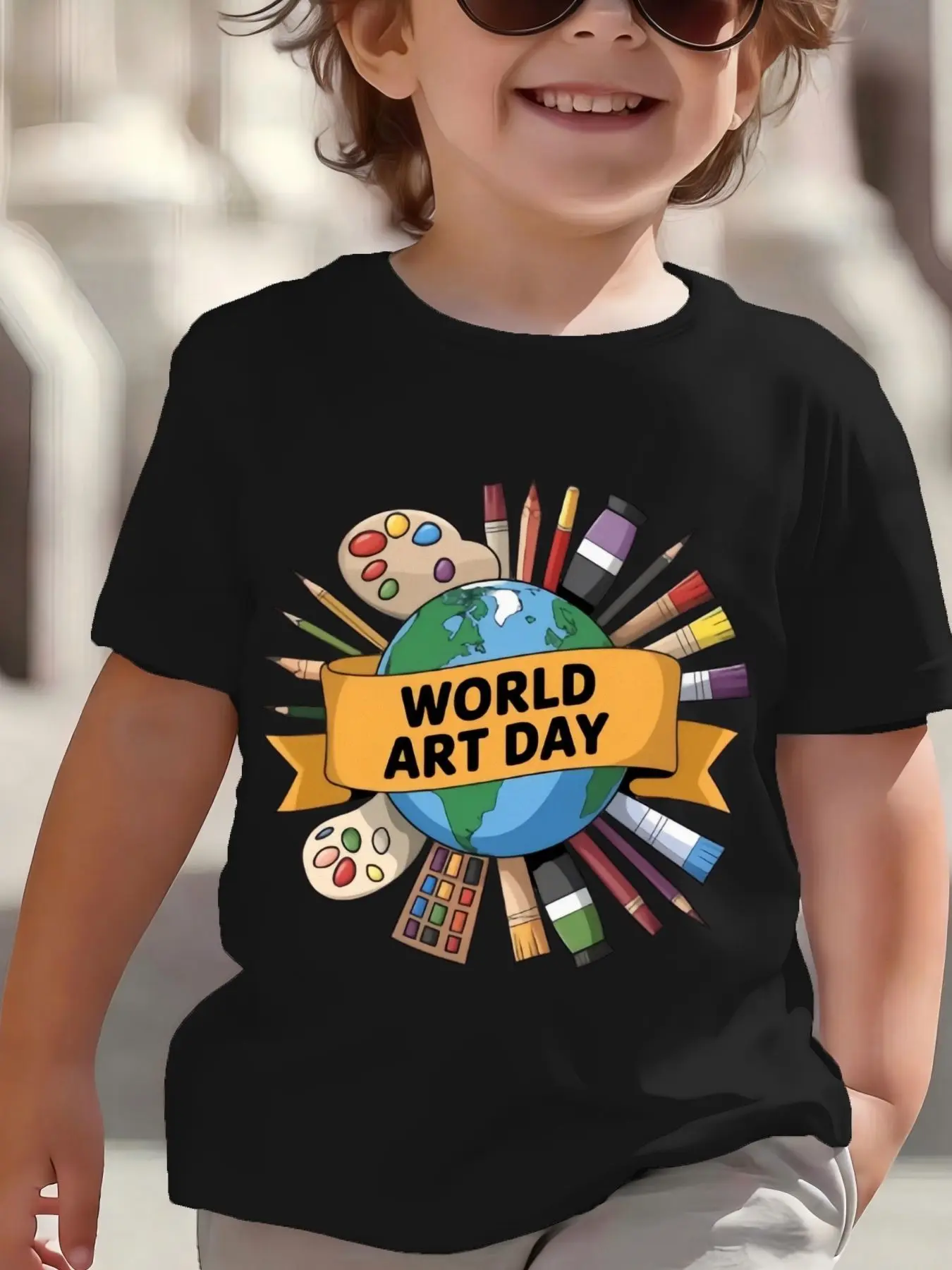 Kids Boys Girls Parent Child Matching Tee World Art Day Print Short Sleeve Crew Neck Soft Casual Family Daily Party Wear Tee