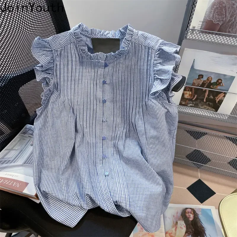 Summer Women Shirts Vintage Flying Sleeve Ruffles Sweet Blouse 2023 Blusas Mujer De Moda Folds Korean Tops Loose Plaid Blouses