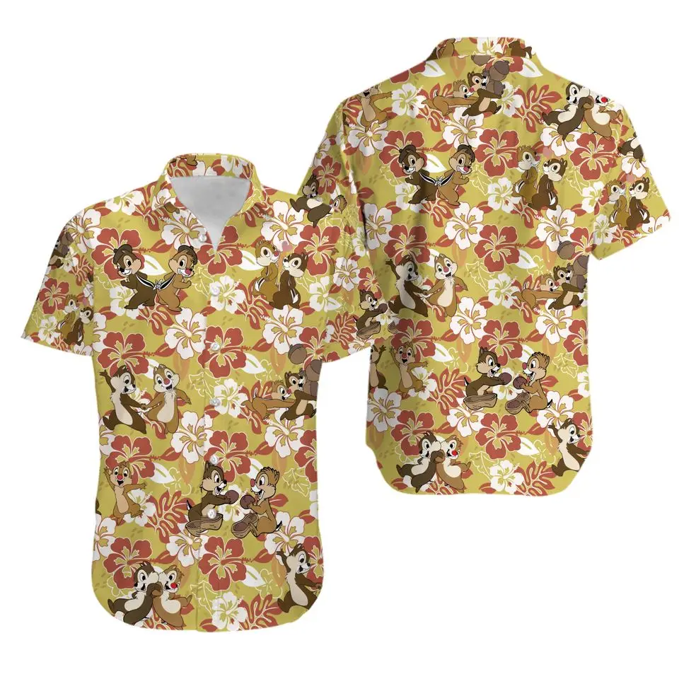 Camisa hawaiana de Chip \'n\'dale Nuts de Disney, camisa hawaiana de Chip y Dale, Top informal de manga corta con botones para playa