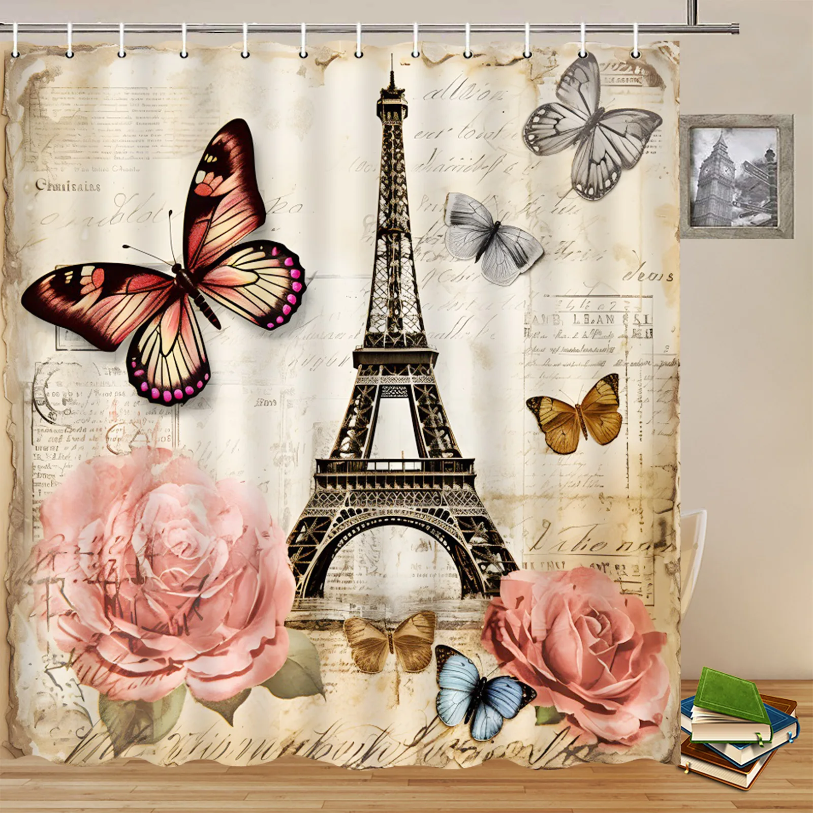 Flower Butterfly Shower Curtains Eiffel Tower Floral Retro Romantic Couple Bathroom Decor Waterproof Polyester Fabric Curtain