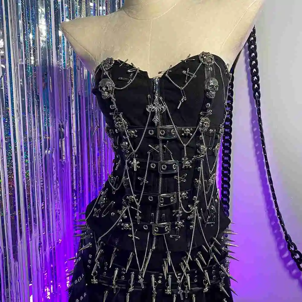 Goth Skull Cross Corset Bustier Y2K Tanks Crop Tops Punk Rock Gothic Grunge E-Girls Emo Clothing with Pins Chain Teens T-shirt