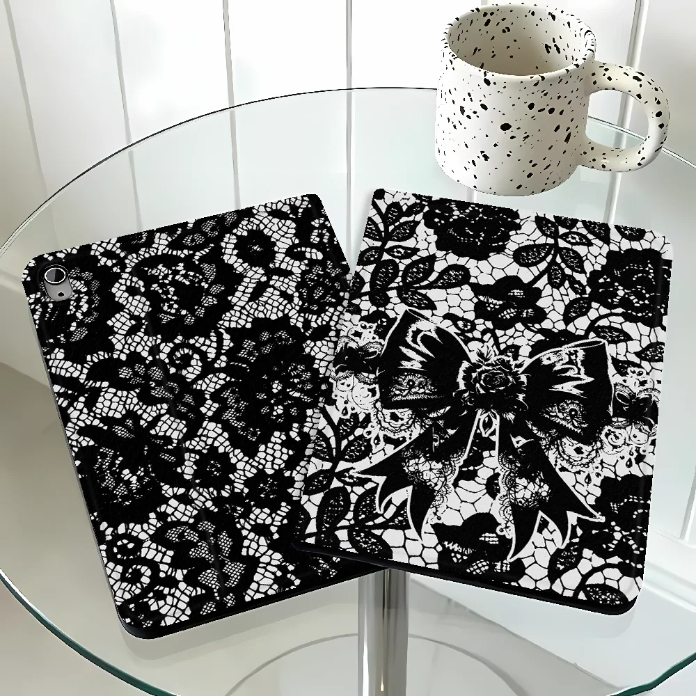 Black Lace Pattern With Pencil Holder Case for Samsung Galaxy Tab A8 S10 Plus A7 Lite S9+ S10 Lite S7 S8+ S11 S10FE S9 FE A9Plus