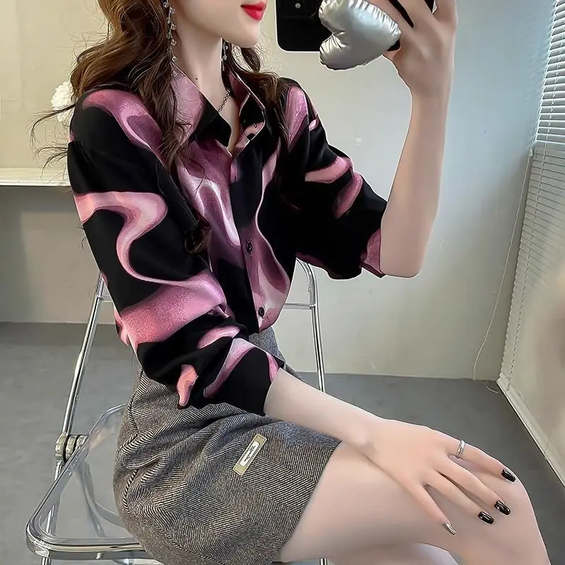 Fashion Ventilate Chic Spring Blouses Women's Spliced Polo-Neck Tie Dye Contrast Color Loose Single-breasted Long Sleeve Shirts