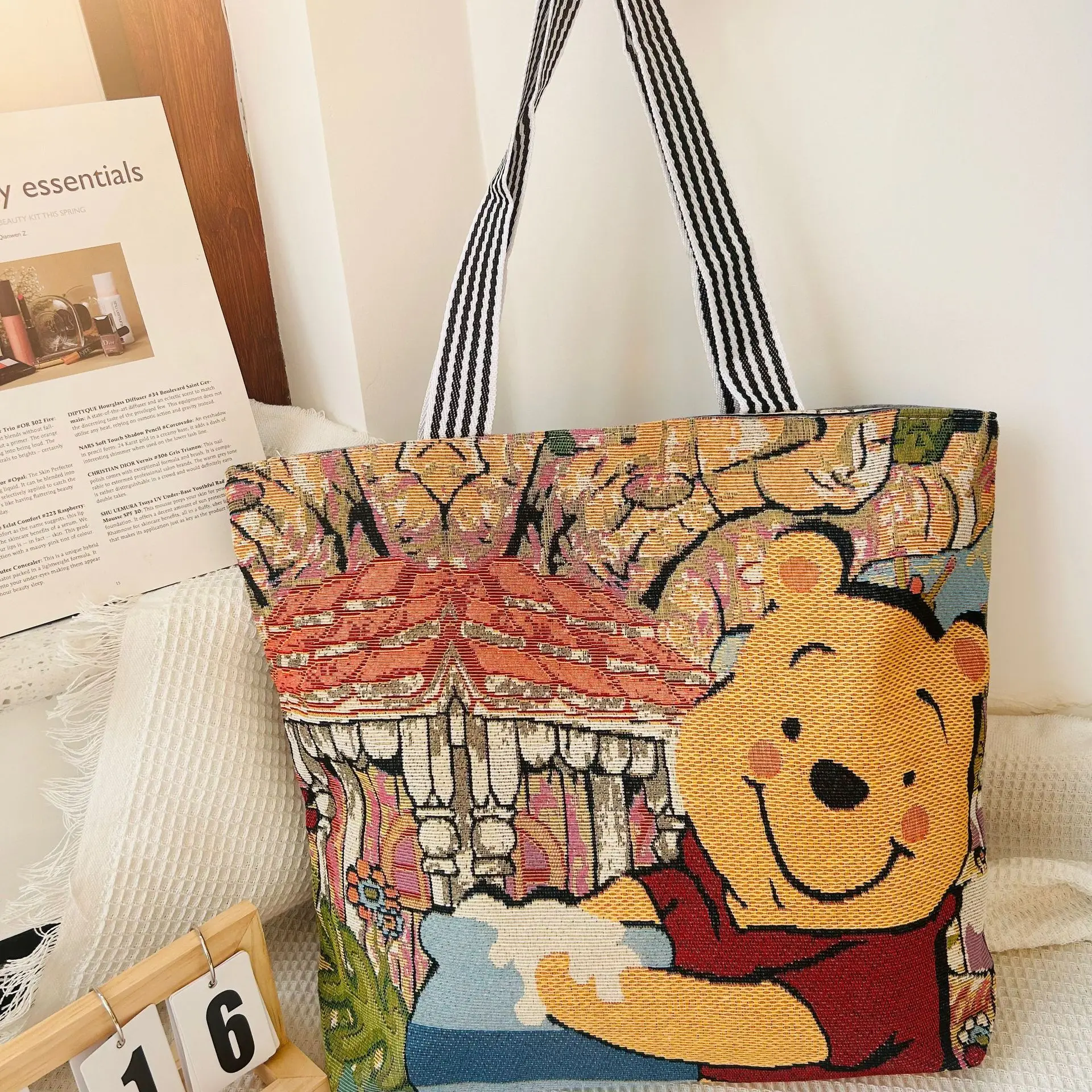 1pcs Disney Mickey Mouse, Winnie the Pooh and Stitch linen large canvas bag shoulder tote bag and literary women\'s tote bag