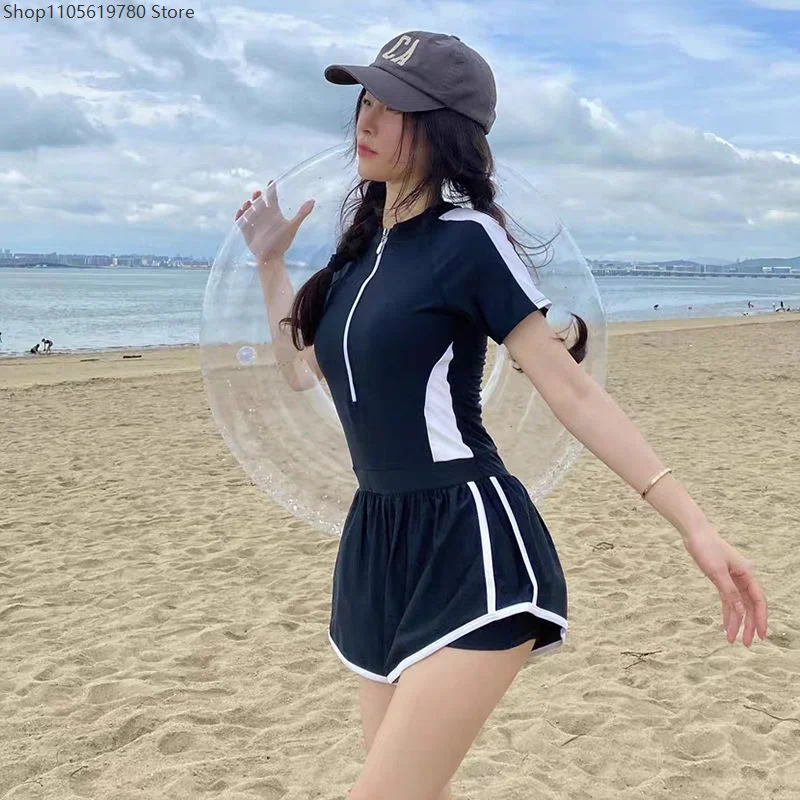 Womens Short Sleeve One Piece Sports Swimsuit Full Coverage Slim Flat Leg Bathing Suit Conservative Hot Spring Cosplay Costume