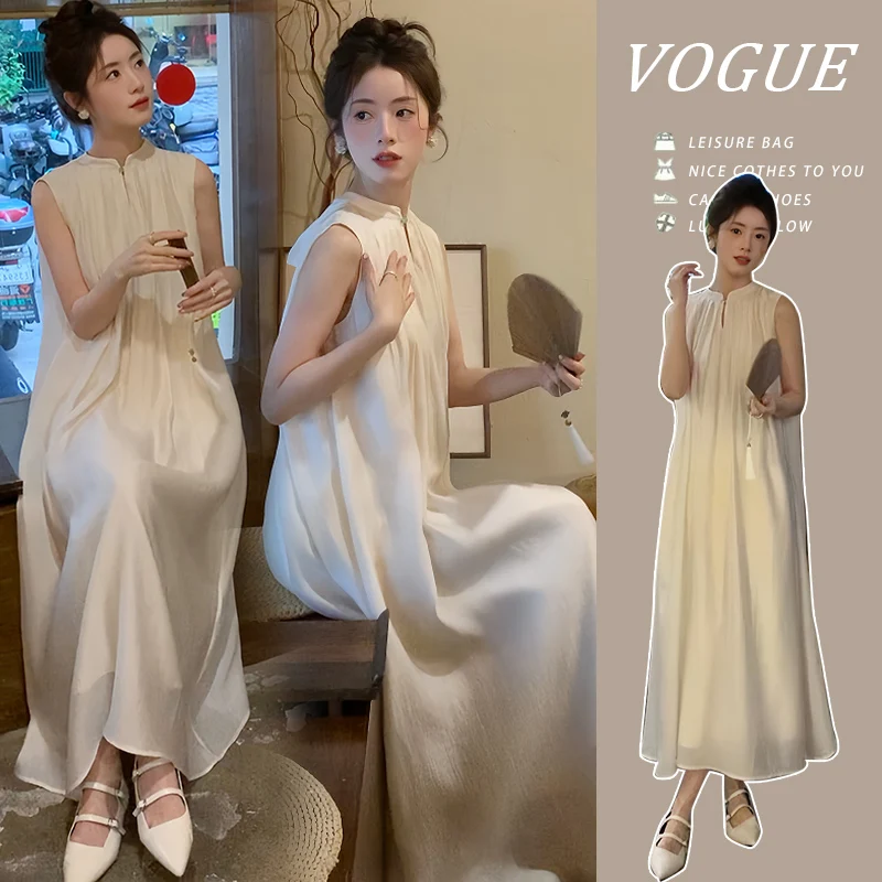 2025 Summer Maternity Dress Sleeveless Chinese Style Elegant Pregnant Woman Pleated Dress Long Loose Pregnancy Party Dress Bow