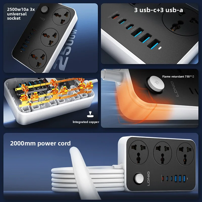 EU Outlet Plug Socket Power Usb Charging Strip European Standard 3-Prong Extension Cord 2-Meter Cable Socket Strip KC Certified - Image 3
