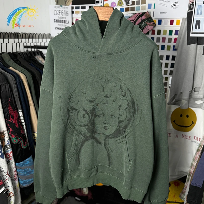 Hip Hop Graphics Graffiti Vintage Washed Green Red Saint Hoodie Hooded Men Women Best Quality Oversized Damaged Pullovers