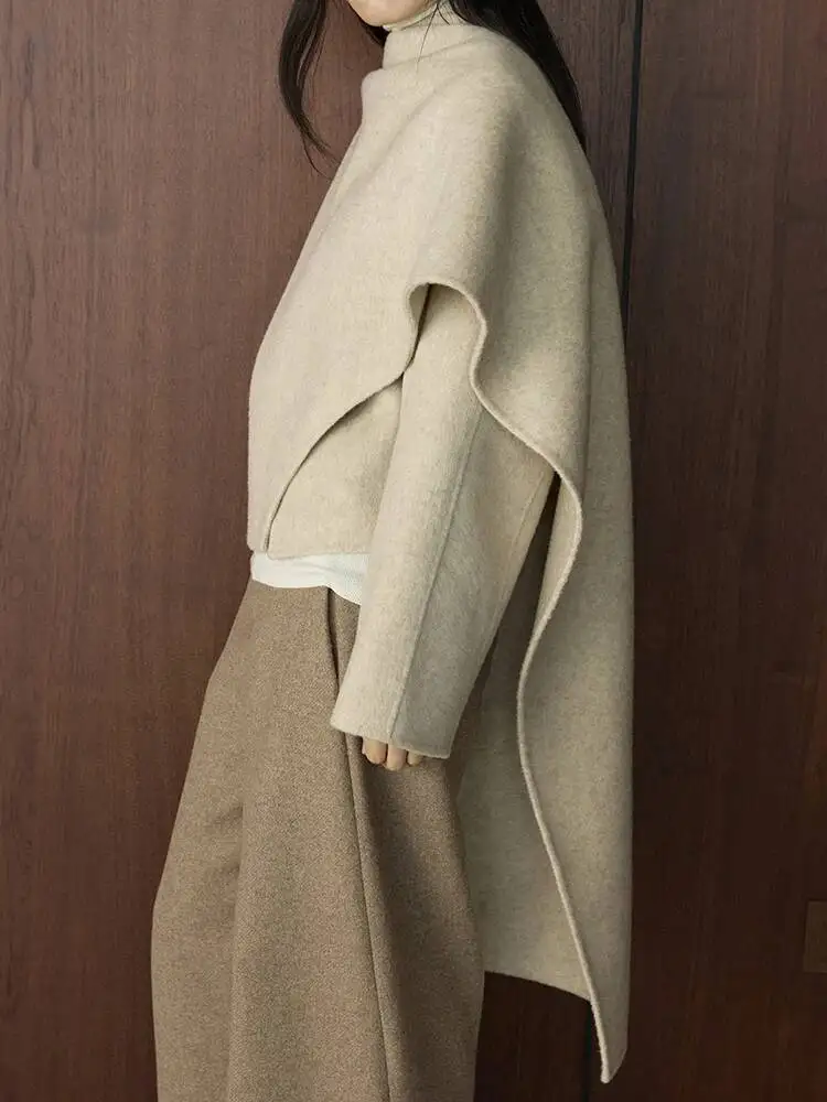Big Size Warm Beige Irregular Woolen Coat New Scarf Collar Long Sleeve Women Jacket Fashion Autumn Winter 2026 1D6M