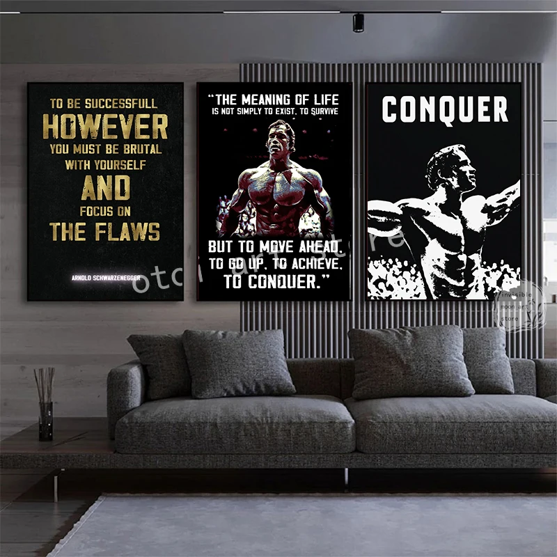 Arnold Schwarzenegger Bodybuilding with Motivation Quotes Art Posters Canvas Painting Wall Prints Pictures Modern Home Gym Decor