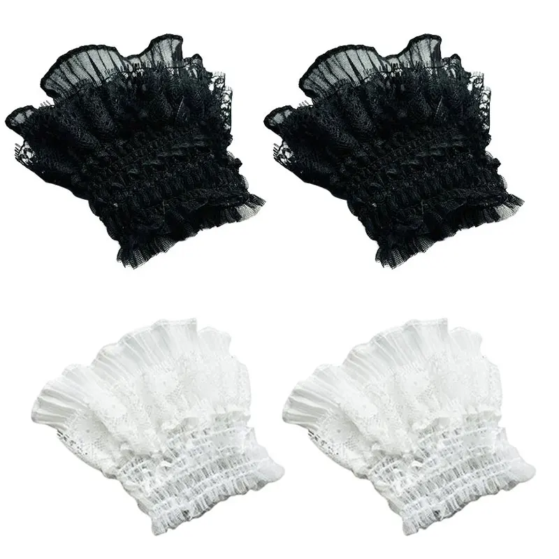 Gothic Lolita Hand Wrist Cuffs Bowknot LaceTrim Maid Cosplay Accessories For Women Girl Party