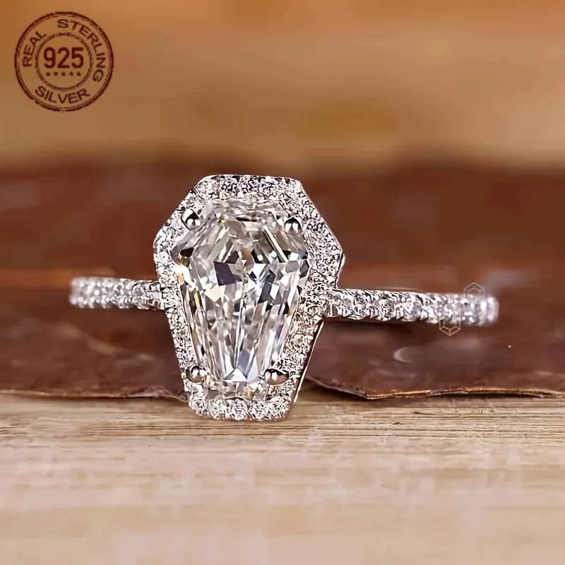 Unique Fashion Coffin Cut Diamond Zircon Halo Engagement Ring 925 Silver Wedding Engagement Rings For Women Luxury Fine Jewelry