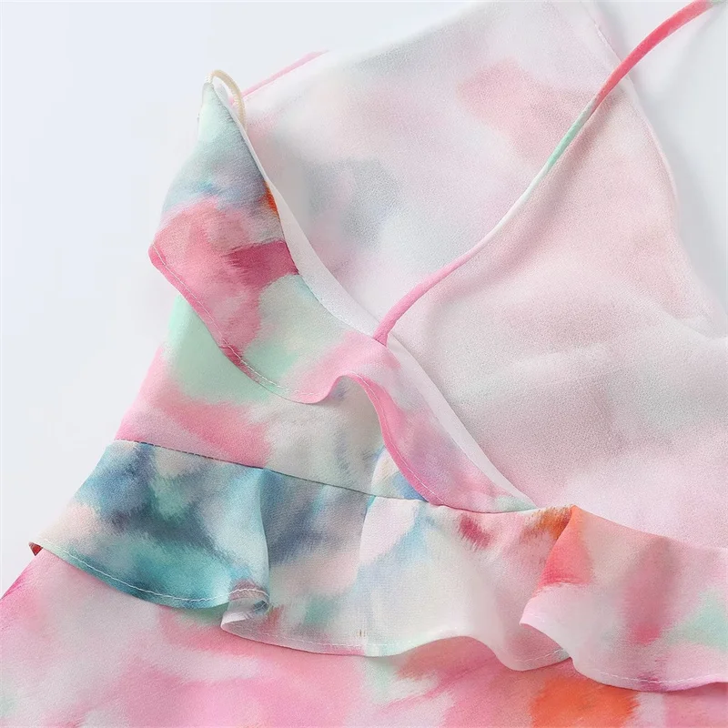 Keyanketian 2024 Nieuwe Lanceringsvakantie Wind Tie Dye Print Halterjurk Zomer Gelaagde Ruches Dames Romantische Mini-Jurk Strandkleding