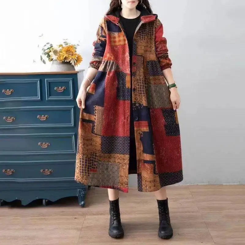 

New Vintage Hooded Long Sleeved Floral Dress Women Loose Casual Dresses plush Cotton Linen Spring Autumn Tunic Dress 14colors